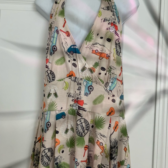 NWT Lindy Bop Cream romper babydoll halter tie back Tiki Print Dress elastic - Picture 3 of 11